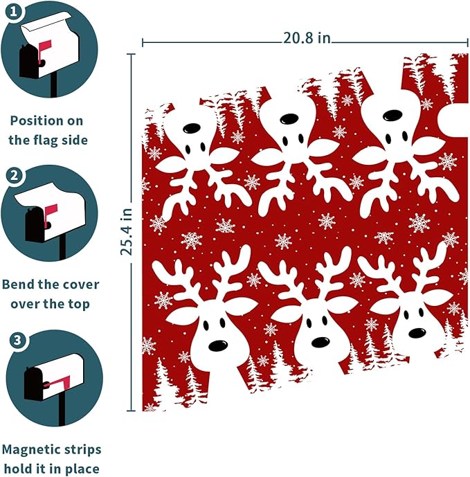 Kawani Merry Christmas Mailbox Cover - Red Deer Snowflake Magnetic Standard Size 25.5x21 Inch Winter Xmas Holiday Decorative Post Letter Box Cover for Garden Yard Decor