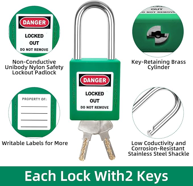 Lockout Tagout Locks Set-10pcs Green Loto Locks, Lockout Locks Keyed Different,2 Keys Per Lock,OSHA Compliant Lock Out Tag Out Padlocks, Safety Padlocks for Electrical Lockout Tag Out Kit