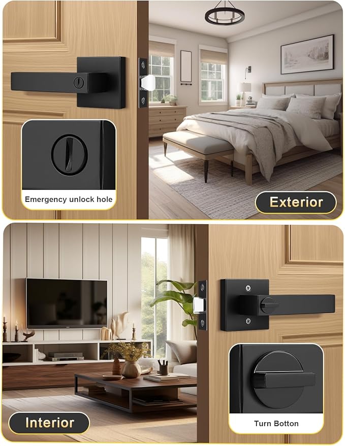 8 Pack Square Privacy Door Levers Locksets in Matte Black Finish, Bed/Bath Door Levers Keyless Interior Handles,Reversible for Left Right Handed Doors