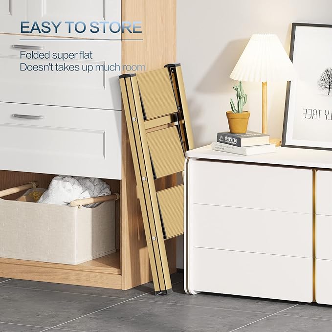 GameGem 3 Step Ladder, Aluminum Folding Step Stool with Anti-Slip Sturdy and Wide Pedal, Lightweight Portable Stepladder for Home and Kitchen Use Space Saving, Gold, 330 lbs