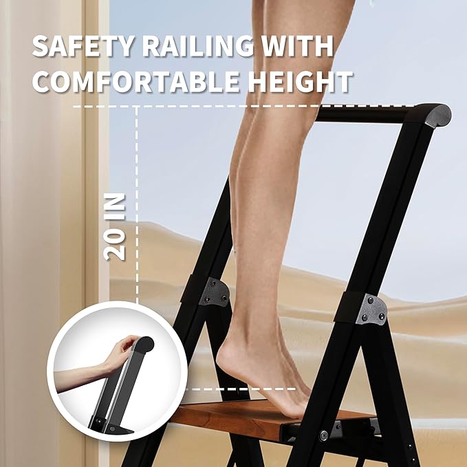 3 Step Ladder,Folding Step Stool with Aluminum Wide Pedal& Convenient Handgrip,330lbs Capacity Steel Ladder for Household and Office(Woodgrain)