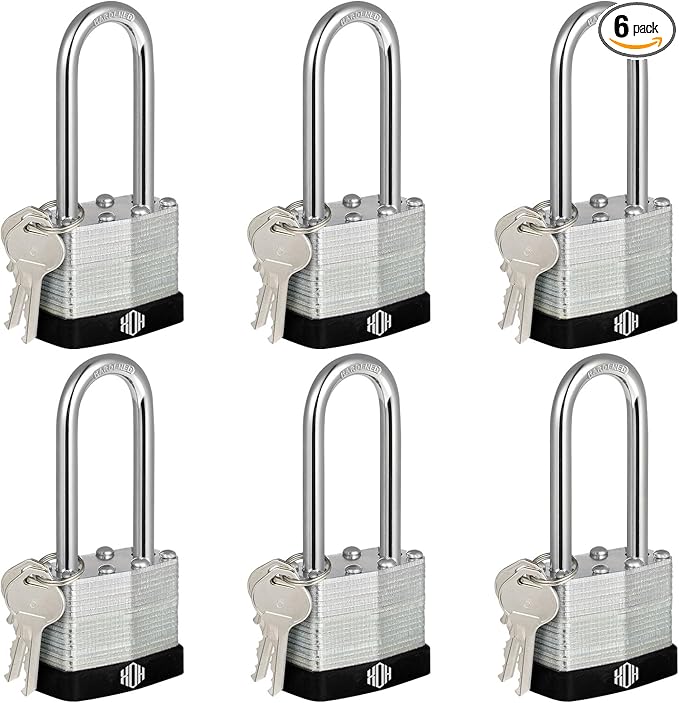 HOX Keyed-Alike Padlocks w/ 2” Long Hardened Shackle, 1-9/16” Wide Body, 6-Pack Shackle Padlock for Hasp Latch, Shed, Fence, Storage Locker