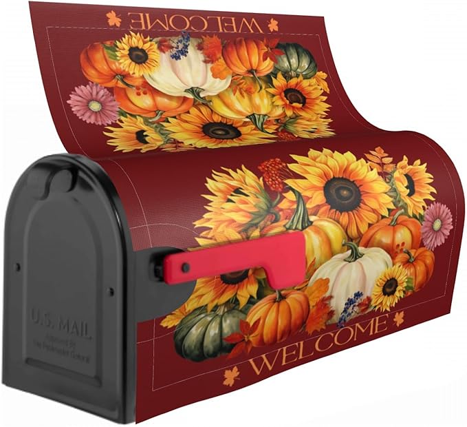 Autumn Pumpkin Thanksgiving Mailbox Cover Magnetic Fall Sunflower Maple Leaf Mailbox Cover Standard Size 21 x 18 Inch Farmhouse Rustic Welcome Post Box Cover Wraps Garden Yard Home Decor for Outdoor