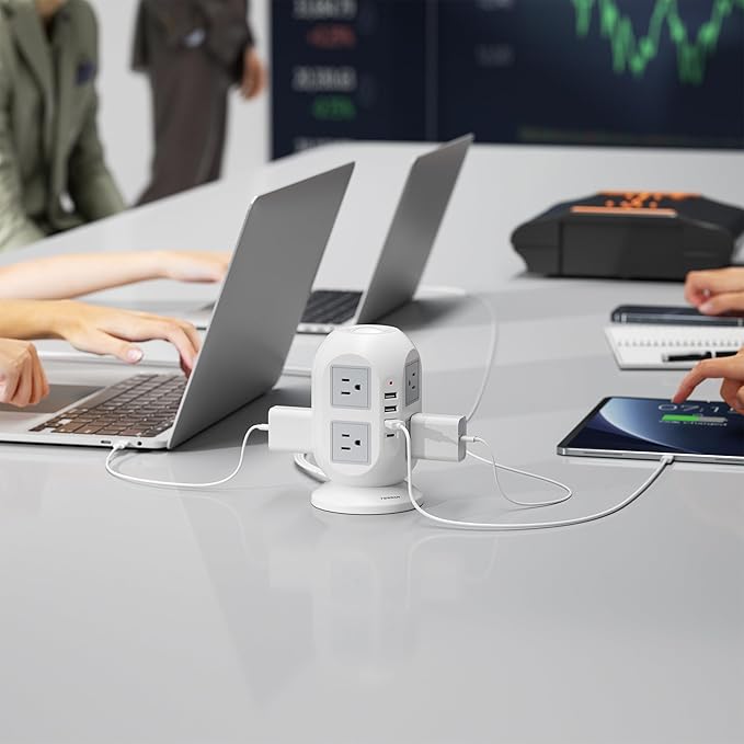 TESSAN Tower Surge Protector Power Strip 10 ft, Long Flat Extension Cord with Multiple Outlets, 8 AC Outlets with 4 USB Ports (1 USB C), Charging Station with Surge Protection, for Home Office Dorm