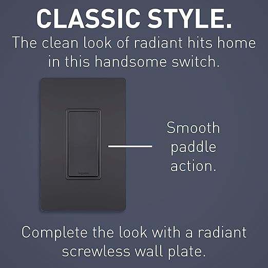 Legrand radiant TM873GCC10 15 Amp Rocker Wall Switch, 3-Way Decorator Light Switches, Graphite (1 Count)