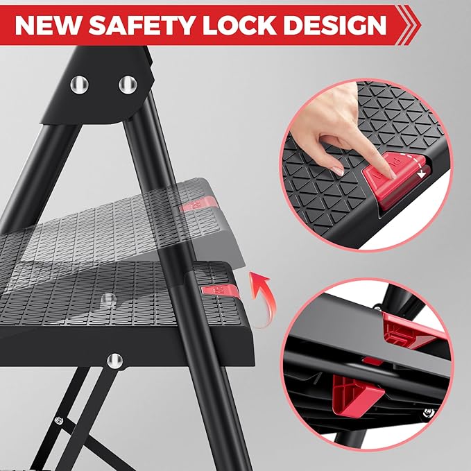 KINGRACK 3 Step Ladder, Sturdy Step Stool with Handrail, Wide Anti-Slip Pedals, 800lbs Max Load Capacity, Folding Step Stool for Home, Kitchen, Black