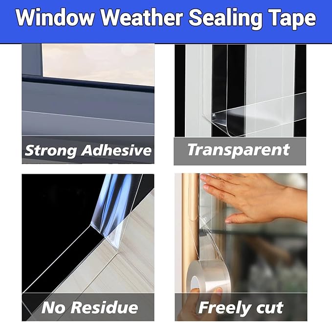 Window Weather Sealing Tape 2 Inch x 33 FT Weather Stripping Residue-Free Clear Window Draft Isolation Sealing Film Caulk Tape for Doors and Shower Glass Gaps Bathroom