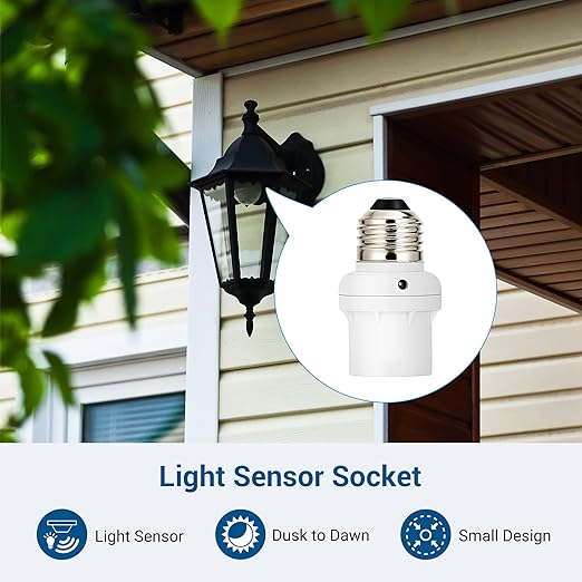 DEWENWILS Light Sensor Socket, E26 E27 Dusk to Dawn Light Bulb Sockets for Light Fixtures, Compatible with Incandescent/CFL/LED/Halogen Bulbs, ETL Listed, 6 Pack, White