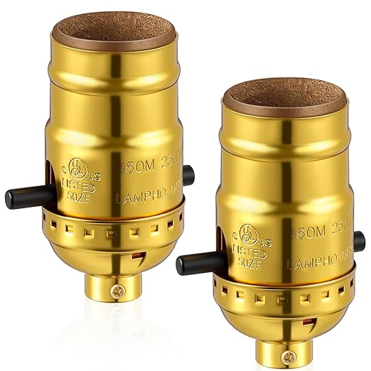 2 Pack UL Listed Lamp Socket with Push On/Off, E26 Threaded Base, Medium Screw Push Socket, Lamp Parts for Floor and Table Lamps, DIY Project (Gold)