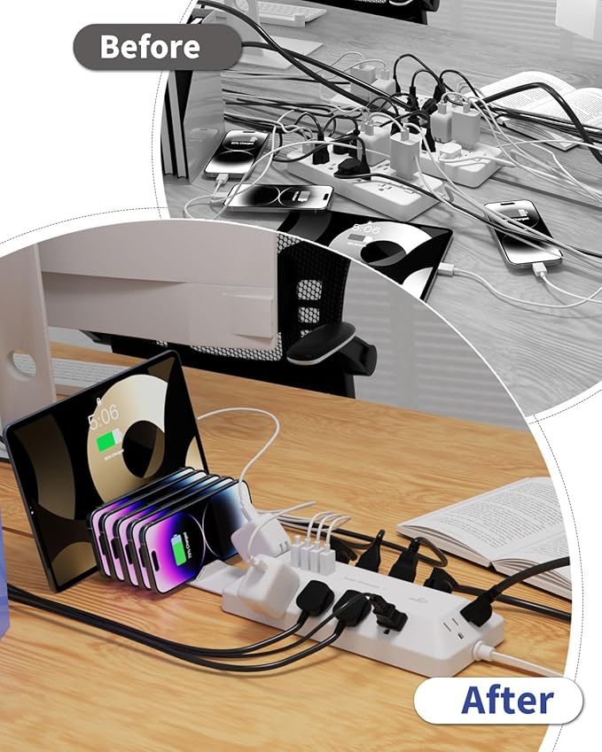 16-in-1 Surge Protector Power Strip with Multi-Function Stand, 6 Outlets with 2 USB-C (20W PD) and 2 USB-A (18W) Ports, 6FT Extension Cord for Home Office Desktop and Dorm (White)