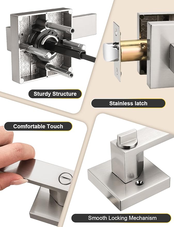 5 Pack Privacy Square Brushed Nickel Door Handles Interior, Keyless Door Knobs for Bedroom/Bathroom, Reversible for Left Right Handed Doors