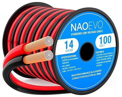 NAOEVO 14 Gauge Wire 100FT, 2 Conductors Electrical Wire Red Black Cable, Flexible/Low Voltage/PVC 14 AWG Copper Clad Aluminum Extension Cord for Speaker, LED Strips, Automotive 12V/24V DC