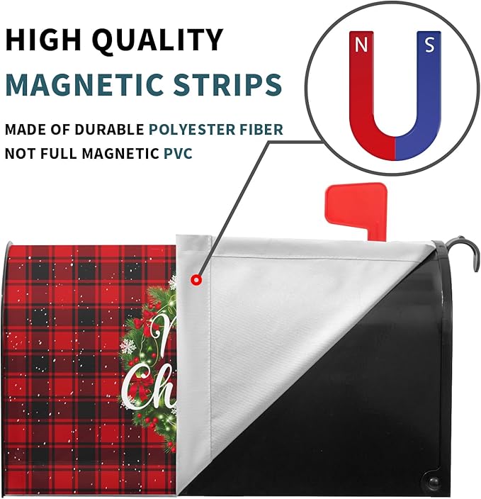 Kawani Merry Christmas Mailbox Covers Magnetic Standard Size 25.5x21 Inch Winter Christmas Wreath Red Black Buffalo Plaid Mailbox Cover Xmas Holiday Wraps Post Box Cover for Garden Yard Decor