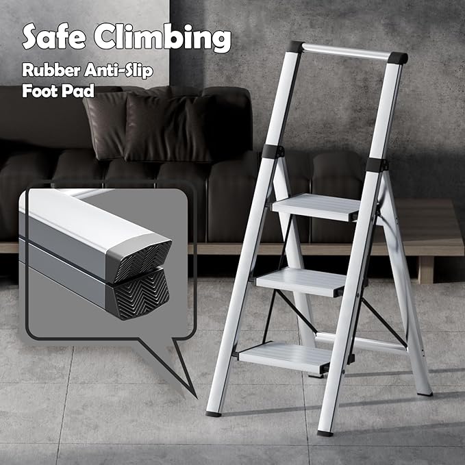 Taranta 3 Step Ladder, Portable Folding Ladder with Wide Pedal, Lightweight Aluminum Step Stool with Convenient Handgrip, 330 lbs Capacity Stepladder for Home, Office - Silver