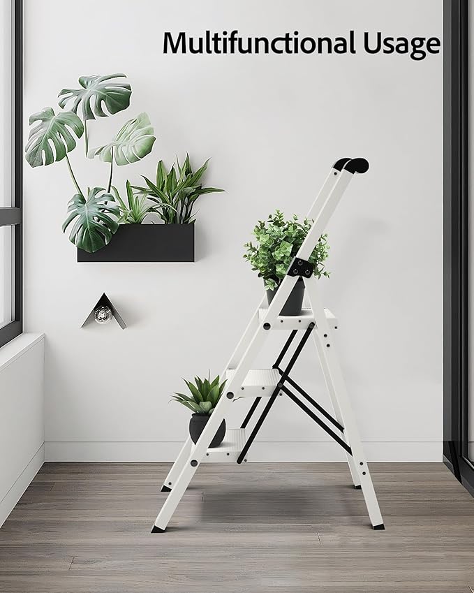 Taranta 3 Step Ladder, Lightweight Aluminum Step Stool with Convenient Handgrip, Folding Ladder with Anti-Slip Pedals, 330lbs Capacity Stepladder for Home, Office, Kitchen - White