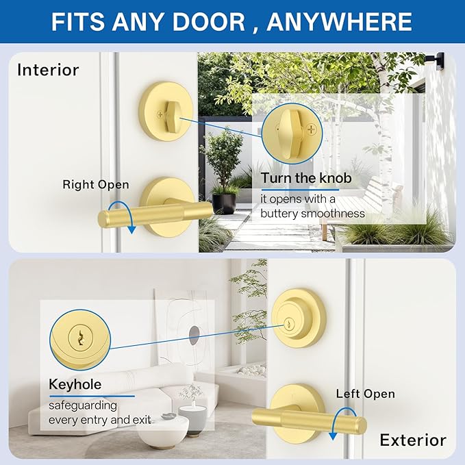 Amerdeco Front Door Lock Set with Double Cylinder Deadbolt, Exterior Entry Door Lever, Heavy Duty Entry Door Locksets for Left or Right Hand Exterior Door(Brushed Gold 2 Pack)