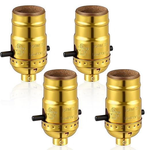 4 Pack UL Listed Lamp Socket with Push On/Off, E26 Threaded Base, Medium Screw Push Socket, Lamp Parts for Floor and Table Lamps, DIY Project, Gold