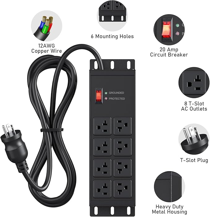JUNNUJ Heavy Duty 20 Amp Surge Protector 4800J, Garage Metal 8 Outlets 12 Gauge, High Amp 5-15P Adapter Shop 6-20R T-Slot Industrial Outlet, 25 FT Extension Cord Commercial for Appliance