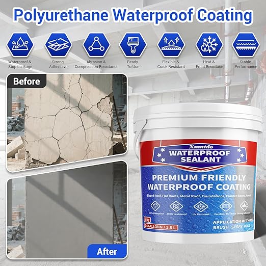 Polyurethane Waterproof Coating, 0.4 Gallon / 51 Fl 0z., Light Grey, Polyurethane Coating for Multi-Surface Leak Repair Roofs, Gutters, Basements, Indoor and Outdoor Liquid Water Proof Sealant