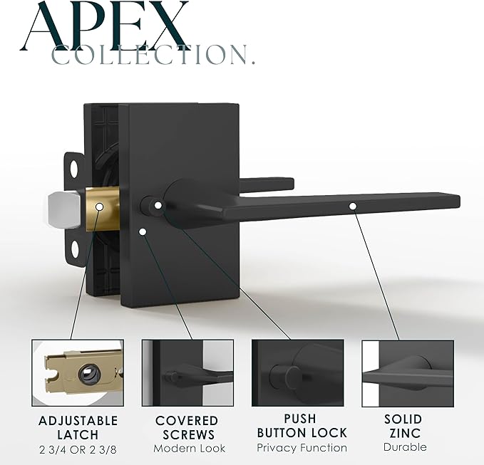 Mega Handles Apex Privacy Door Handle - 1 Pack Reversible Interior Black Door Handle, Heavy Duty Bed & Bath Door Handles with Privacy Door Lock, Fits All Standard Doors - Matte Black