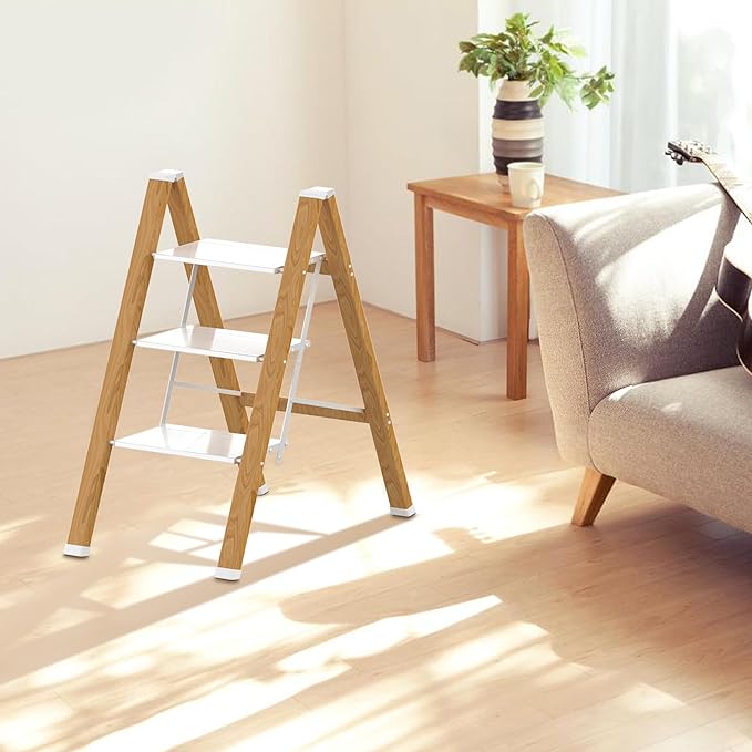 3 Step Ladder, Portable Step Ladder Folding, Lightweight Step Ladder with Anti-Slip Pedal, Aluminum Indoor and Closet, Kitchen, 330lbs - White & Wood Grain