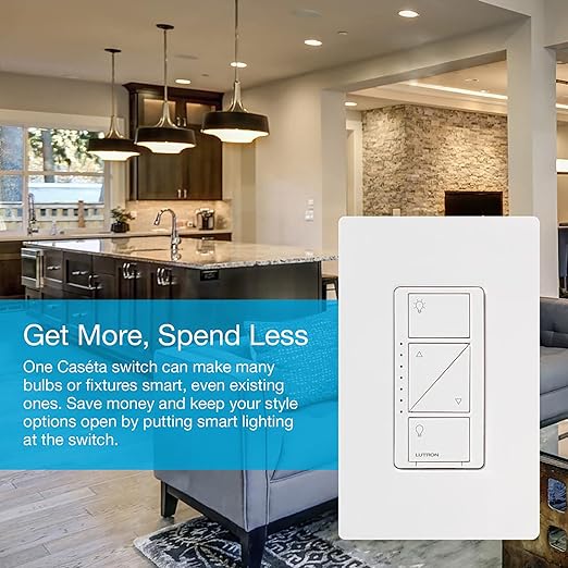 Lutron Caseta Original Smart Dimmer Switch (Lutron Smart Hub Required), for LED Lights, 150 Watt, Single-Pole/3-Way, No Neutral Required, PD-6WCL-WH-2, White, 2 Pack