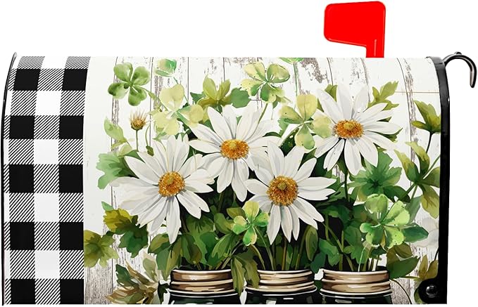 Buffalo Plaid Daisy Magnetic Mailbox Cover - Spring Summer Floral Farmhouse Welcome - Standard Size 25.5 x 21 Inch Waterproof Post Box Wraps for Garden Yard Decor Outdoor
