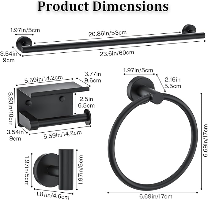 Matte Black Bathroom Hardware Accessories Set 5-Piece Towel Bar Set Includes 23.6in Towel Bar Toilet Paper Holder with Shelf,Towel Holder Set for Bathroom Stainless Steel Wall-Mounted