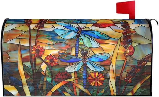 Stained Glass Dragonfly Mailbox Covers Fall Mail Box Post Wrap Magnetic Large Size 25.5 X 21 Floral Spring Summer Mailing Boxes Seasonal Decorations for Autumn Thanksgiving Decor