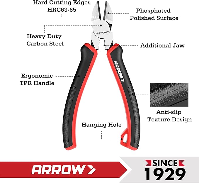ARROW High Leverage Diagonal Pliers, 6 Inch Wire Cutters with Comfortable TPR Handle, High Carbon Steel Side Cutters for Cutting Wire
