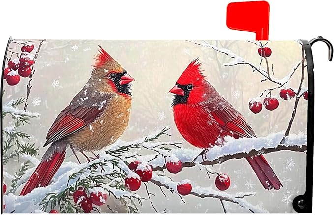 Kawani Winter Mailbox Cover Christmas Birds Holly Berry Branches Snow Mailbox Covers Magnetic Standard Size 21x18 Inch Winter Xmas Holiday Post Letter Box Cover for Garden Yard Decor