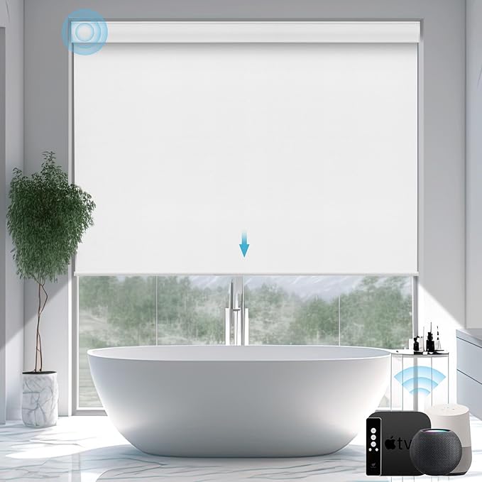 SmartWings Motorized Smart Blinds with Remote, Automatic Blackout Roller Shade Work with Alexa Homekit Thread Google Z-Wave, Electric Blind for Window, Custom Width Up to 110" W,Vinyl Pure White