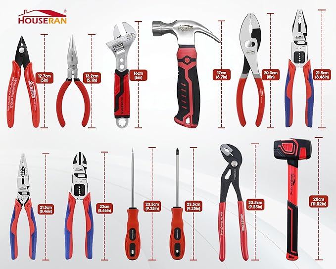 12-Piece Professional Tool Kit - Heavy Duty CRV Pliers Set, Rubber Mallet, Adjustable Wrench, Claw Hammer & Toolbox for Electrical, Household Repair, Automotive, Industries