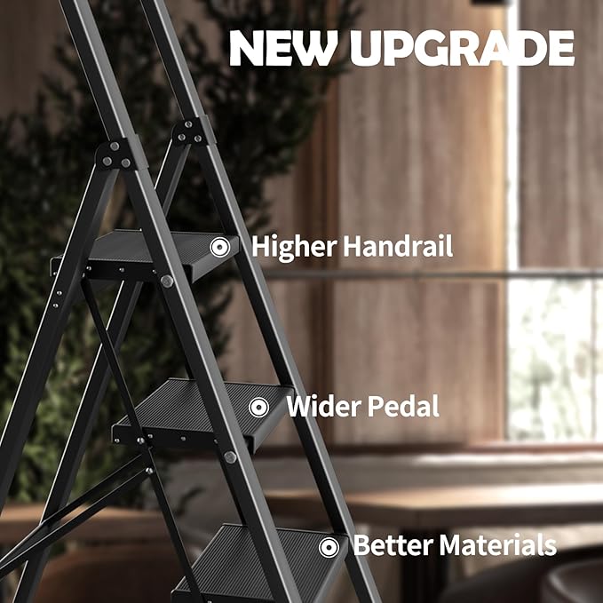 Taranta Step Ladder 3 Step Folding,Lightweight Portable Step Ladder with Anti-Split Pedal,Ladders with Convenient Handgrip,Aluminum Step Stool for Library, Home, Kitchen - Black