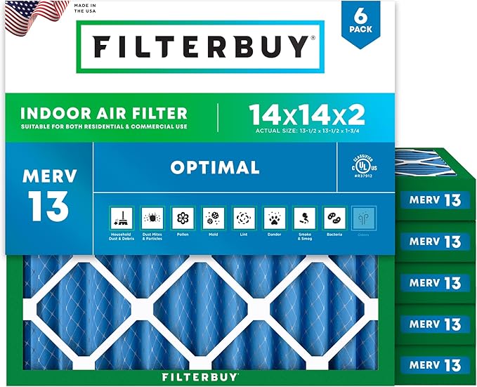 Filterbuy 14x14x2 Air Filter MERV 13 (MPR 1900) Health Defense Replacement (6-Pack), Electrostatic Pleated HVAC AC Furnace Filters, Made in USA (Actual Size: 13.50 x 13.50 x 1.75)