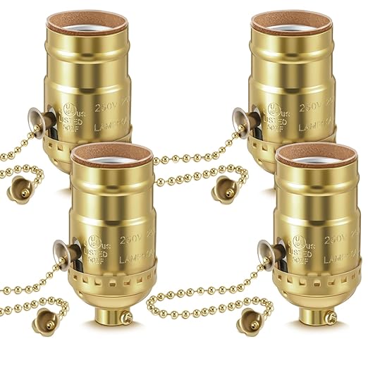 4 Pcs Pull Chain Lamp Socket Replacement, E26 Standard Threaded Base, Light Socket with Pull Chain, Lamp Parts for Repair (Gold)