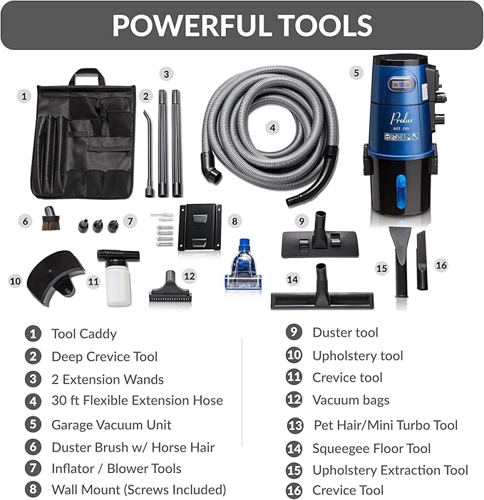 Prolux Professional Shop Blue Wall Mounted Garage Vac, Wet Dry Pick Up