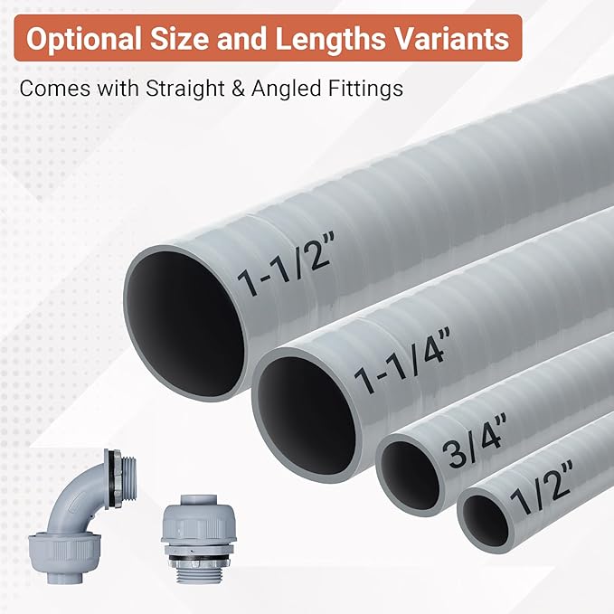 1/2" Liquid-Tight PVC Conduit Kit, 100ft with 10 Connectors, Grey, 5 Straight & 5 90-Degree Fittings, UL Certified, Flexible, Easy Installation, Multi-Application