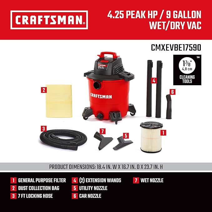 CRAFTSMAN CMXEVBE17590 9 Gallon 4.25 Peak HP Wet/Dry Shop Vac, Portable Shop Vacuum Wet and Dry with Filter, Dust Bag, Hose and Attachments for Home, Garage and Automotive Cleaning