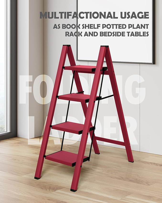 Taranta 4 Step Ladder,Aluminum Lightweight Folding 4 Step Stool with Anti-Slip Wide Pedal,330lbs Capacity Step Ladder for Household,Kitchen,Office - Red