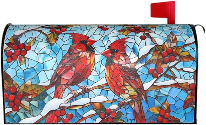 Giwawa Winter Cardinal Bird Mailbox Covers Red Birds on Holly Berry Branches Snow Mail Box Cover Magnetic Standard Size 18 x 21 Stained Glass Christmas Mailbox Wrap Holiday Mailbox Xmas Decorations