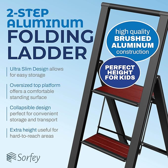 Step Ladder 2 Step Folding, Decorative - Beautiful Mahogany & Black Aluminum, Ultra Slim Profile, Anti Slip Steps, Sturdy-Portable for Home, Office, Kitchen, Photography Use,by SORFEY