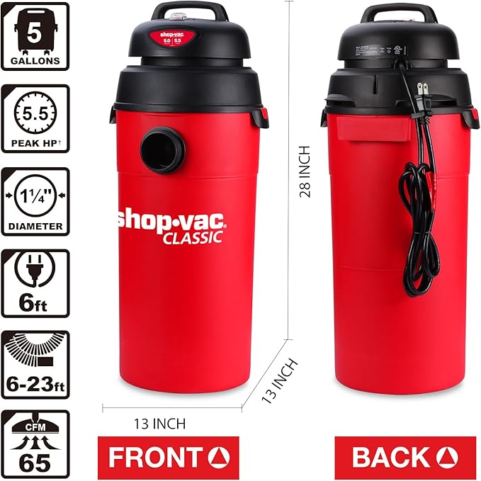 Shop-Vac 5 Gallon 5.5 Peak HP Wet/Dry Vacuum, Wall Mountable Compact Shop Vacuum with 6-23' Extra Long Hose & Attachments, Ideal for Jobsite, Garage, Car & Workshop. 9522236