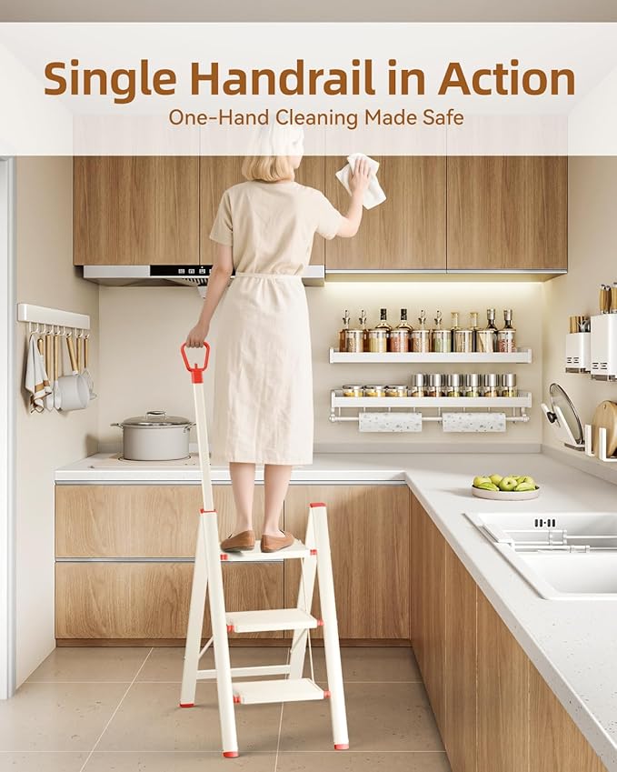 ASPERALD 3 Step Ladder with handrails,Foldable Step Stool with Anti-Slip Wide Pedals for Home Kitchen Closet,3 Step Ladder Folding Step Stool Long Handle White