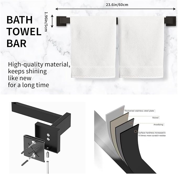 5-Pieces Matte Black Bathroom Accessories Set, 23.6 Inch Bath Towel Bar Set, SUS 304 Stainless Steel Bathroom Hardware Set, Towel Racks for Bathroom Wall Mounted.