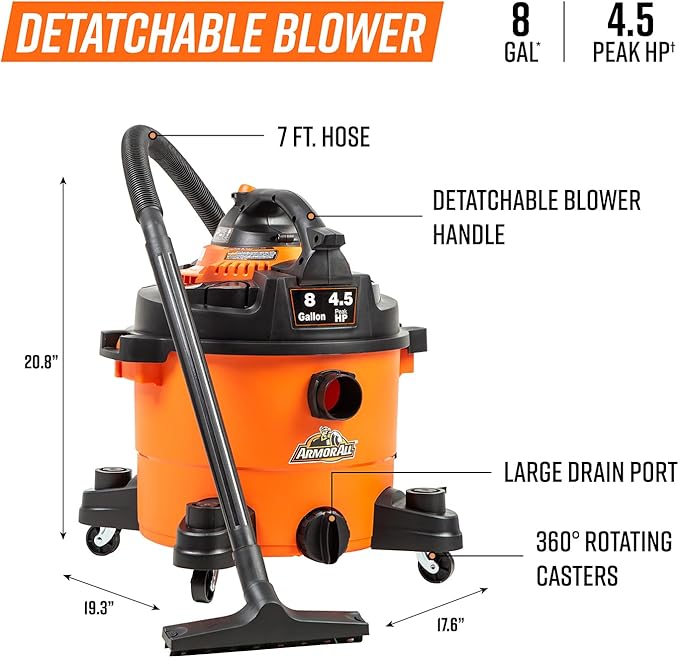 Armor All VBV809 0901 8-Gallon 4.5 Peak HP Wet/Dry Vacuum with Detachable Blower, Orange