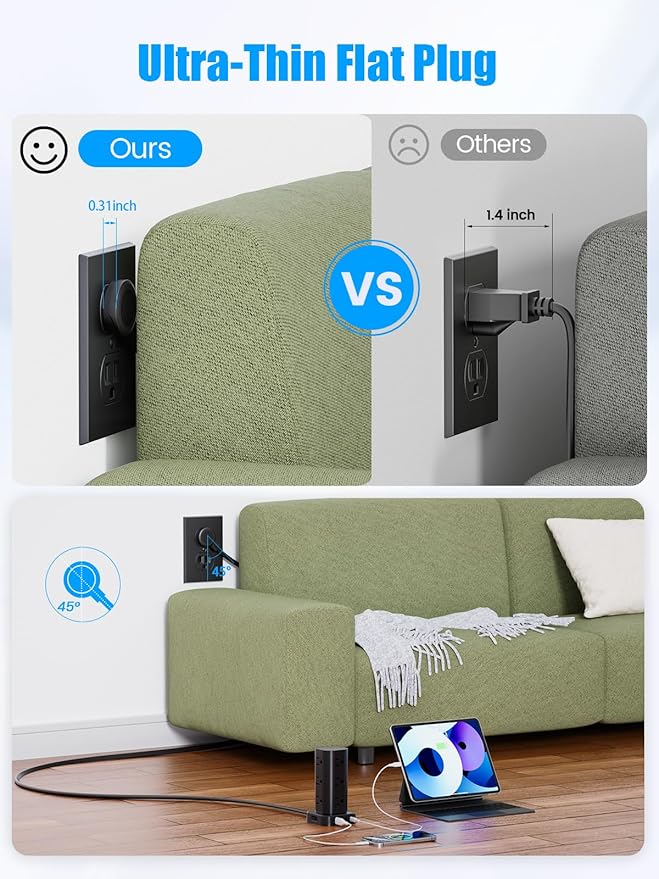 Flat Plug Power Strip Tower Surge Protector, 10FT Flat Extension Cord with Multiple Outlets, 12 AC Outlets, 4 USB Ports (2 USB C) Charging Station for Office Home Dorm Room Travel (Black)