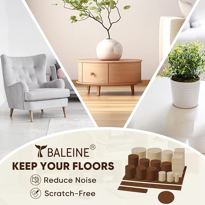 BALEINE 300PCS Felt Furniture Pads, Multi-Size Felt Pads for Chair Legs, Tables, Beds, Scratch-Reducing Floor Protectors for Hardwood Floors, Tile, Vinyl, and Laminate (300PCS, Beige+Brown)