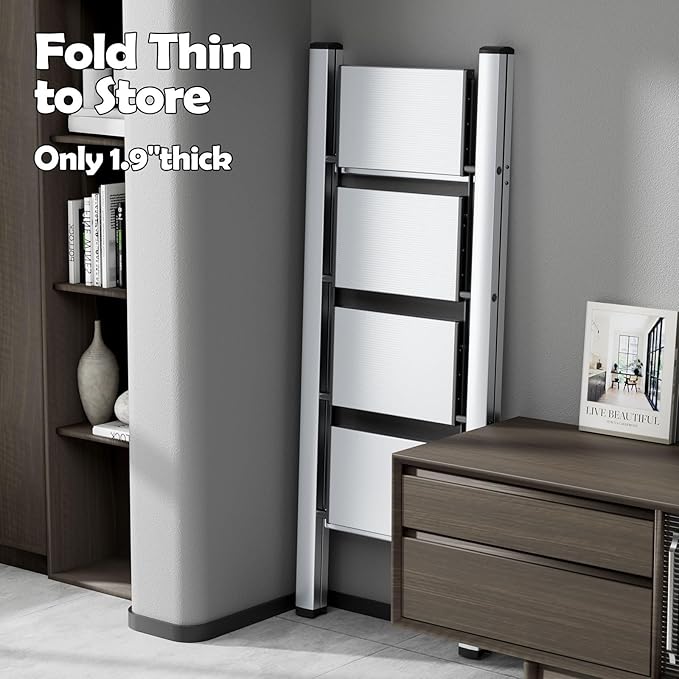 Taranta 4 Step Ladder,Aluminum Lightweight Folding 4 Step Stool with Anti-Slip Wide Pedal,330lbs Capacity Step Ladder for Household,Kitchen,Office - Silver