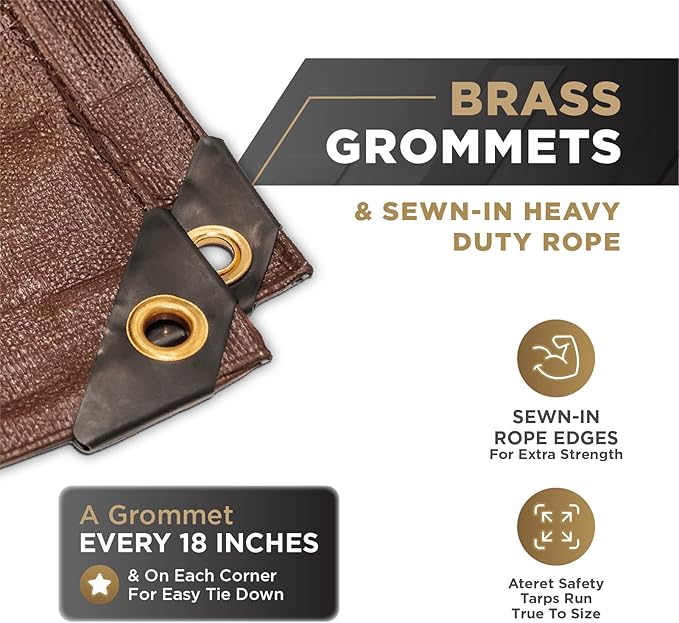 ATERET 10' x 20' Super Heavy Duty 16 Mil Brown Poly Tarp Cover - UV Resistant, Thick Waterproof, Rip and Tear Proof Tarpaulin with Grommets and Reinforced Edges
